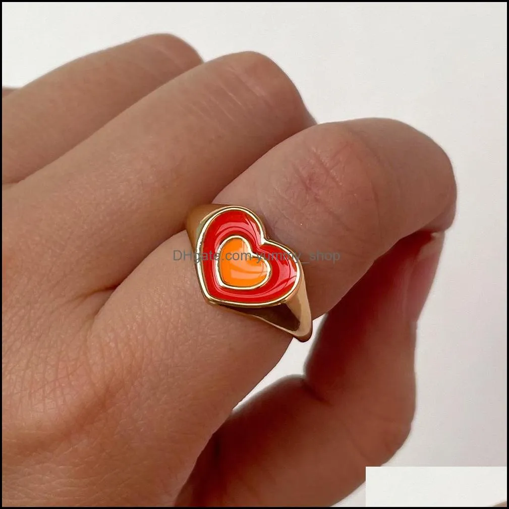 ins creative cute colorful double layer love heart ring vintage drop oil metal heart rings for women girls fashion jewelry