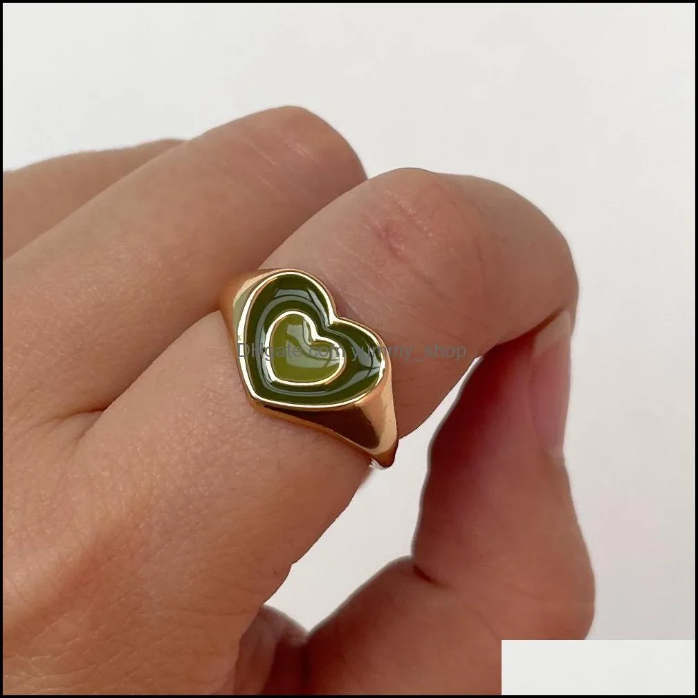 ins creative cute colorful double layer love heart ring vintage drop oil metal heart rings for women girls fashion jewelry