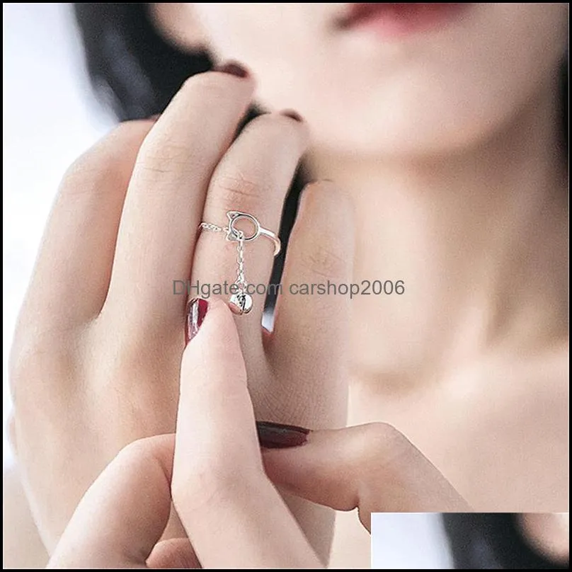 fashion  hollow cute cat ear finger open ring design jewelry bell pendant ring ladies young adjustable gift chain link