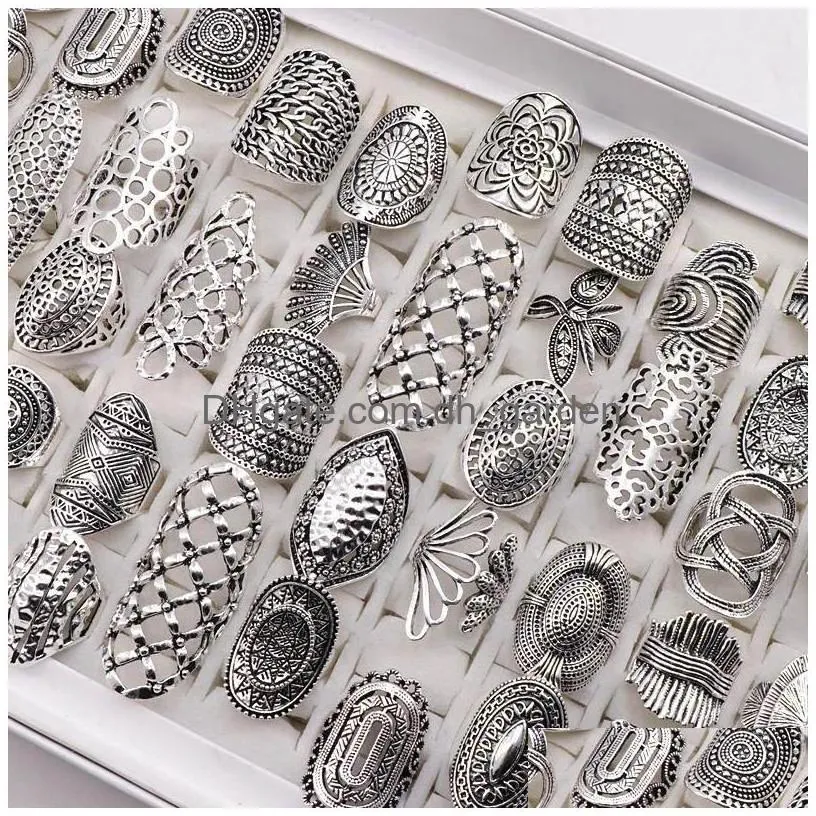 wholesale vintage carved flower silver gold plated jewelry metal rings for women size 17mm to 20mm mix style