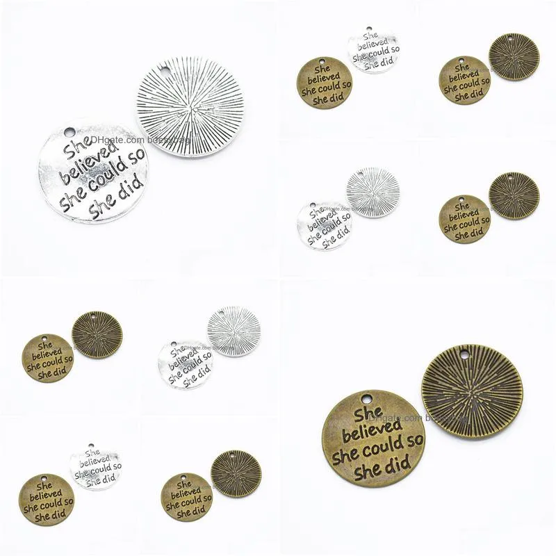 200pcs/lot rould engraved metal letters charms she believed she could so she did 23mm diameter