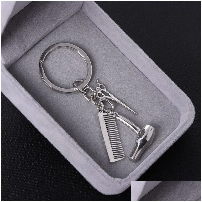 personality couple key chain hair dryer combs scissors pendant keychains tools hair blow key ring jewelry christmas gift 1036 q2