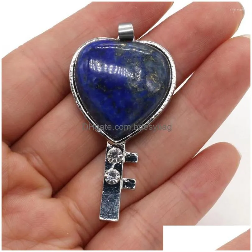 charms natural stone charm heart shaped key pendant rose quartzs lapis lazuli for jewelry making accessories necklace earring 25x50mm