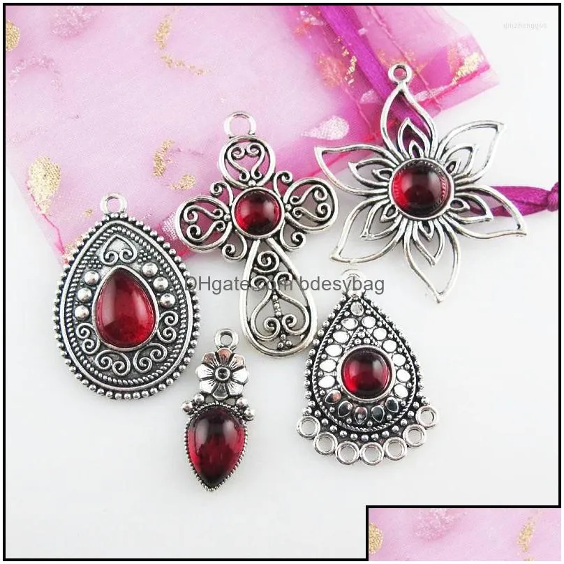 charms fashion sunflower teardrop rose cross red glaze tibetan silver plated pendants retro