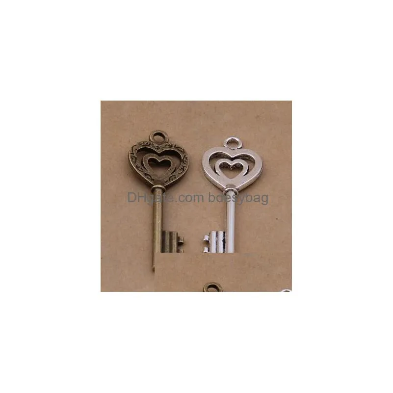 100 pcs double heart shape key charms pendant in antique bronze and silver color good for your diy jewelry making