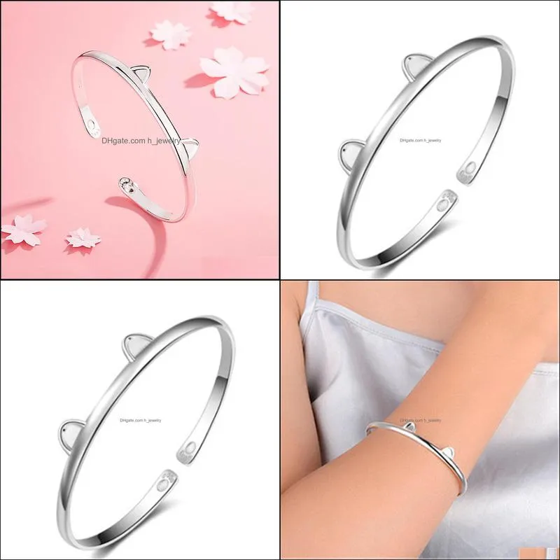 silver cat ear bracelet bangle open design cute fashion jewelry for women young girl child gift cuff bangle wholesale