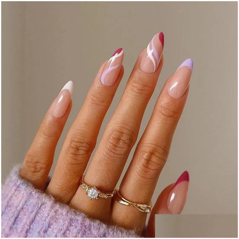 24pcs floral almond fake nail full cover press on nails detachable oval head false nails diy manicure tools