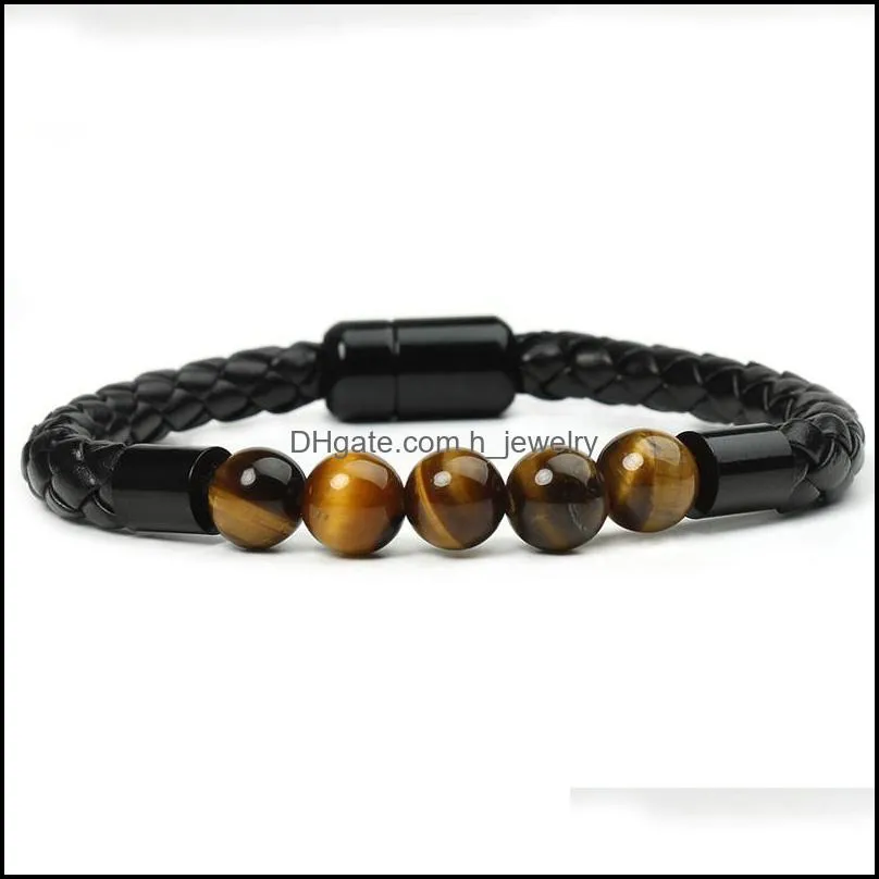 natural stone bracelets genuine leather braided bracelet black stainless steel magnetic clasp tiger eye bead bangles men jewelry