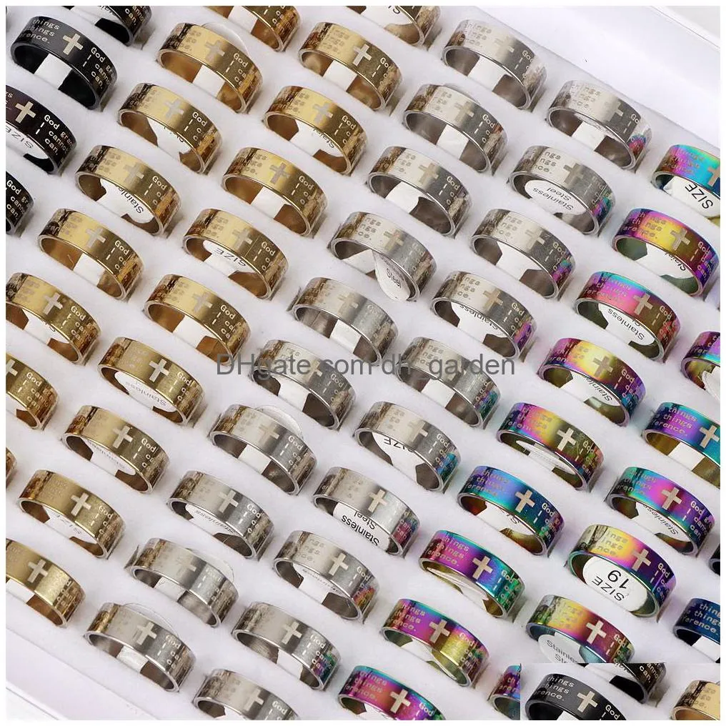 fashion cross jesus bible prayer stainless steel rings for women men simple mix style color wholesale 50pcs/lot