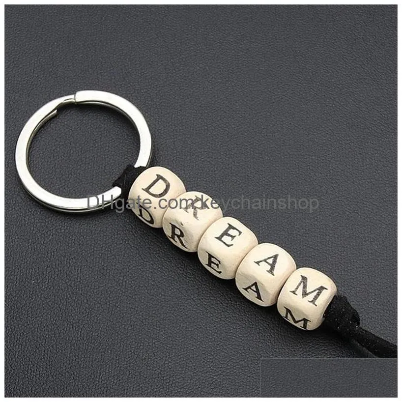 wood key rings automobile pendant letter rectangle bead keychain women men small gifts love family believe 2 2qh q2