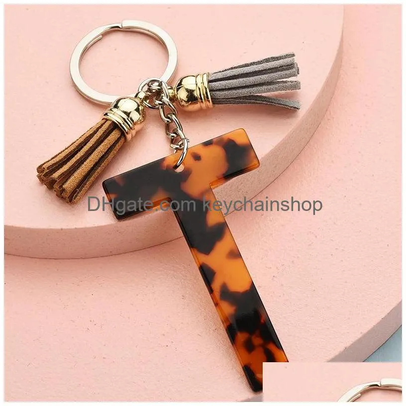 26 english letter key chains leopard print acrylic amber decorative pattern tassels keyring jewelry pendant bag accessories 3 6ws q2