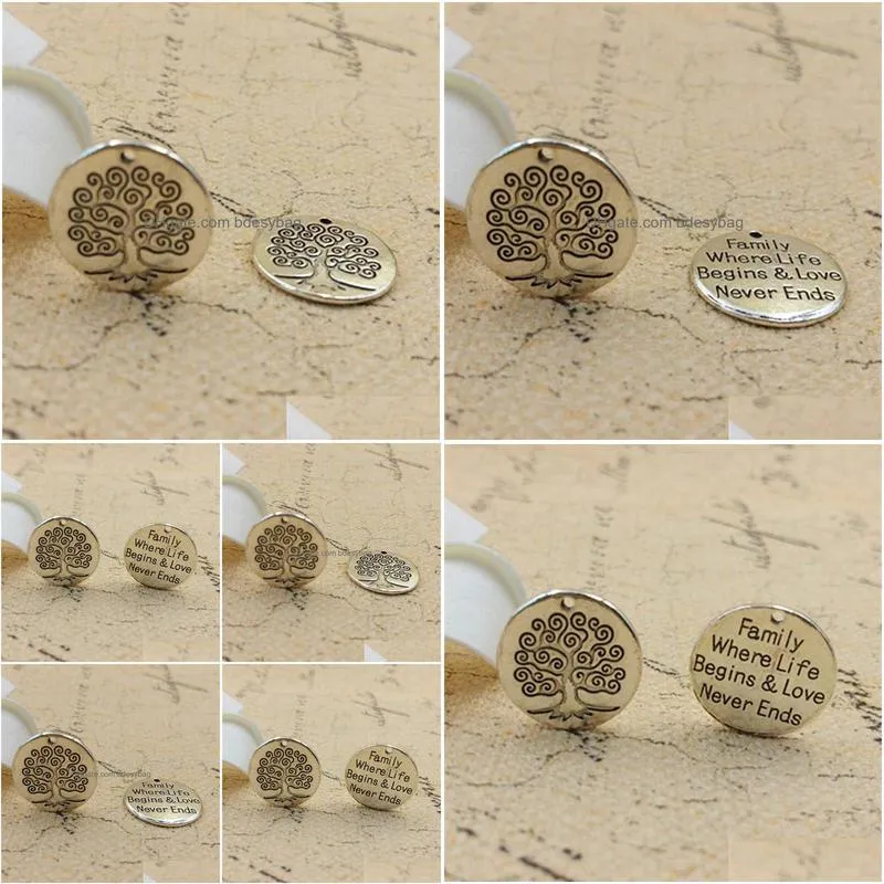 100pcs/lot tree of life charms pendant family where life begins love never ends charms 20mm