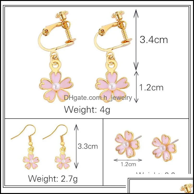 small  drops of oil pink cherry blossoms pearl earrings korean version of fiveleaf flowers earrings ear clips.