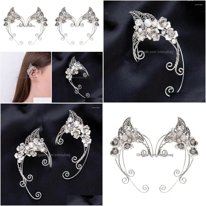 backs earrings winding elf ear cuffs with leaves and flower clips wing sleeve without perforation wedding earcuff jewelry