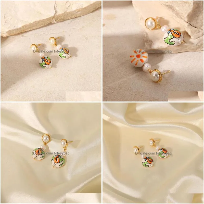 hoop earrings uworld summer 18k gold pearl painted ceramic pendant stud drop for women wedding party gift