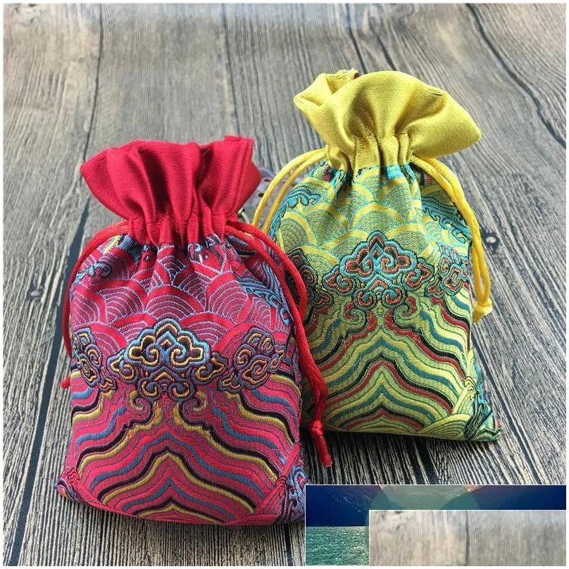 gift wrap 3pcswork wave small drawstring craft bags candy packaging pouches chinese silk satin jewelry storage coin pocket1