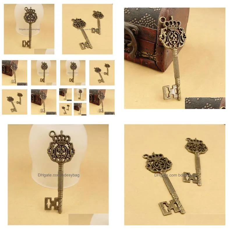 80pcs/lot 22x70mm antique metal alloy lovely large crown key charms pendant vintage jewelry keys charms