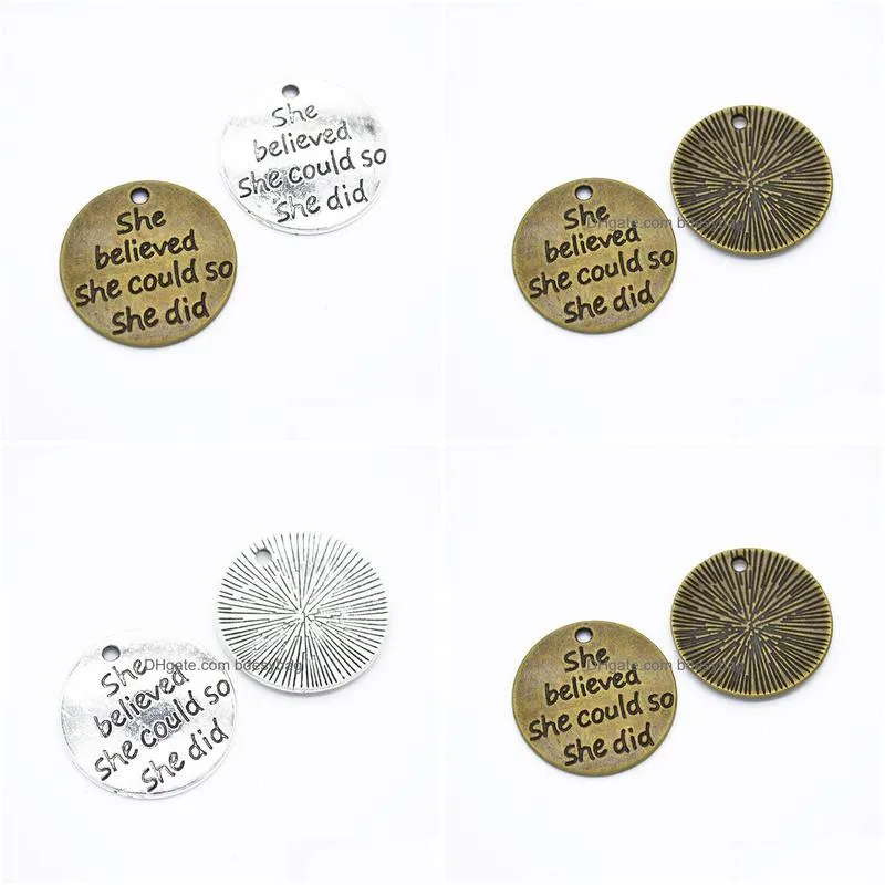 200pcs/lot rould engraved metal letters charms she believed she could so she did 23mm diameter