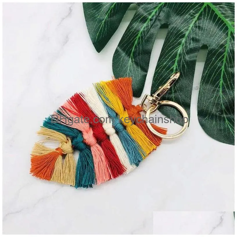 bohemian beach keys chains tassel key ring party favor gifts keyrings hand woven leaf bag accessories rope leaf pendant 1613 t2