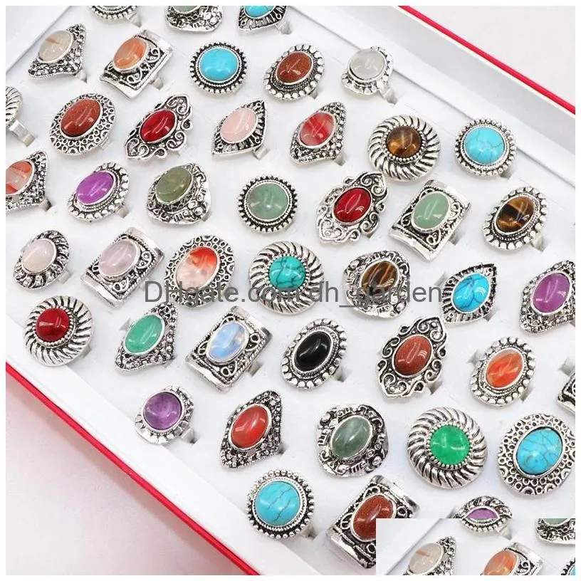 wholesale vintage natural stone flower patten jewelry rings for women party gift wedding size 16 to 20mm