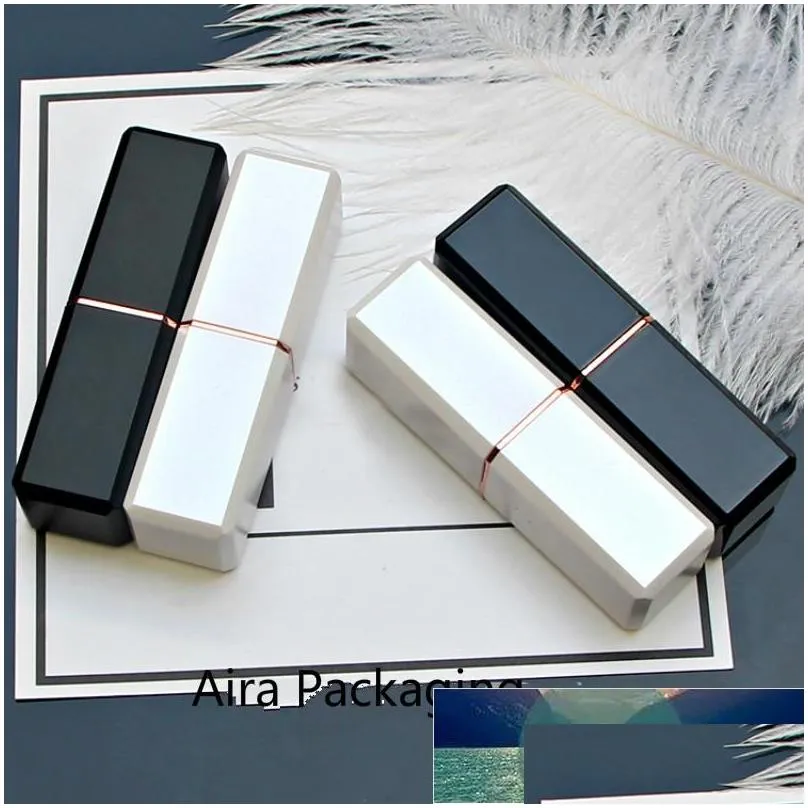 packing bottles black classic style lip balm container empty square plastic lipstick tube 12.1mm white elegant rouge sub box 50pcs/lot