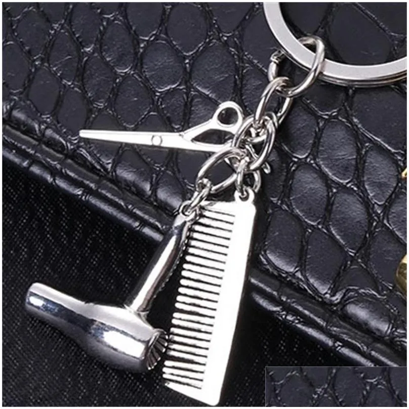 personality couple key chain hair dryer combs scissors pendant keychains tools hair blow key ring jewelry christmas gift 1036 q2