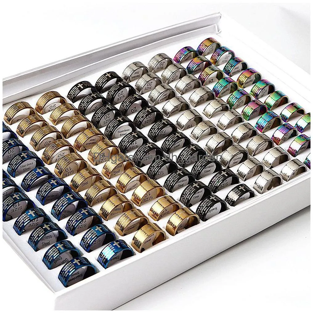 fashion cross jesus bible prayer stainless steel rings for women men simple mix style color wholesale 50pcs/lot
