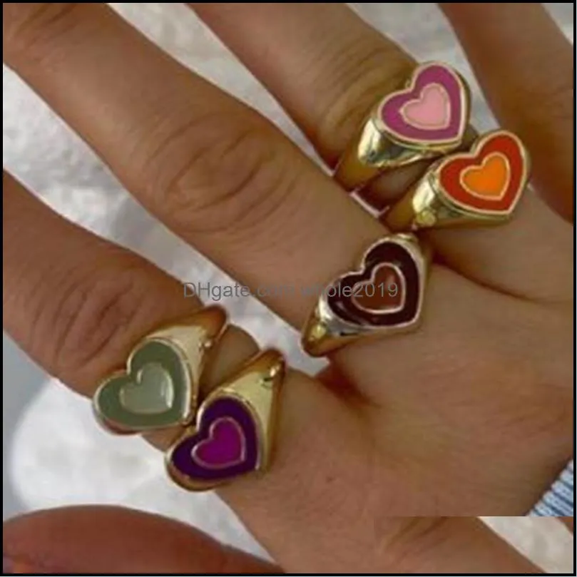 ins double layer love heart ring vintage drop oil metal heart rings for women girls fashion jewelry
