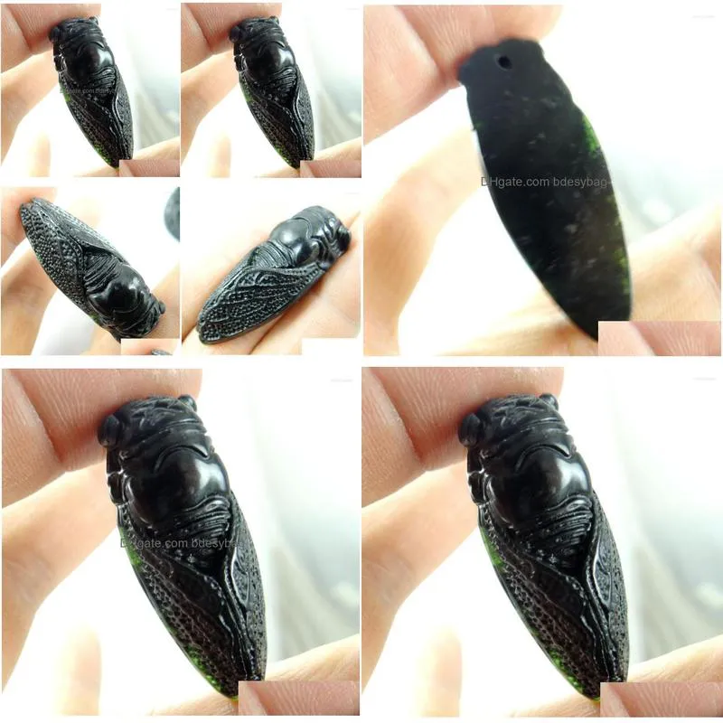 charms 46 18 11mm wholesale natural chinese black green stone handcarved statue of cicada amulet pendant necklace