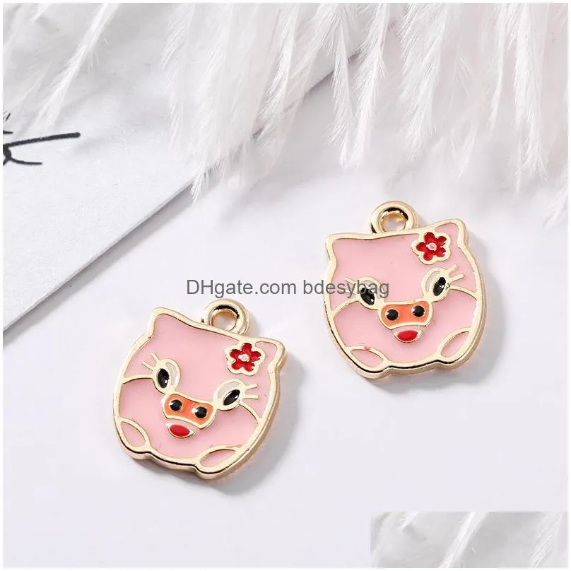 100pcs/lot enamel pig charms pendant farm charms pig family pink necklace findings diy jewelry accessories