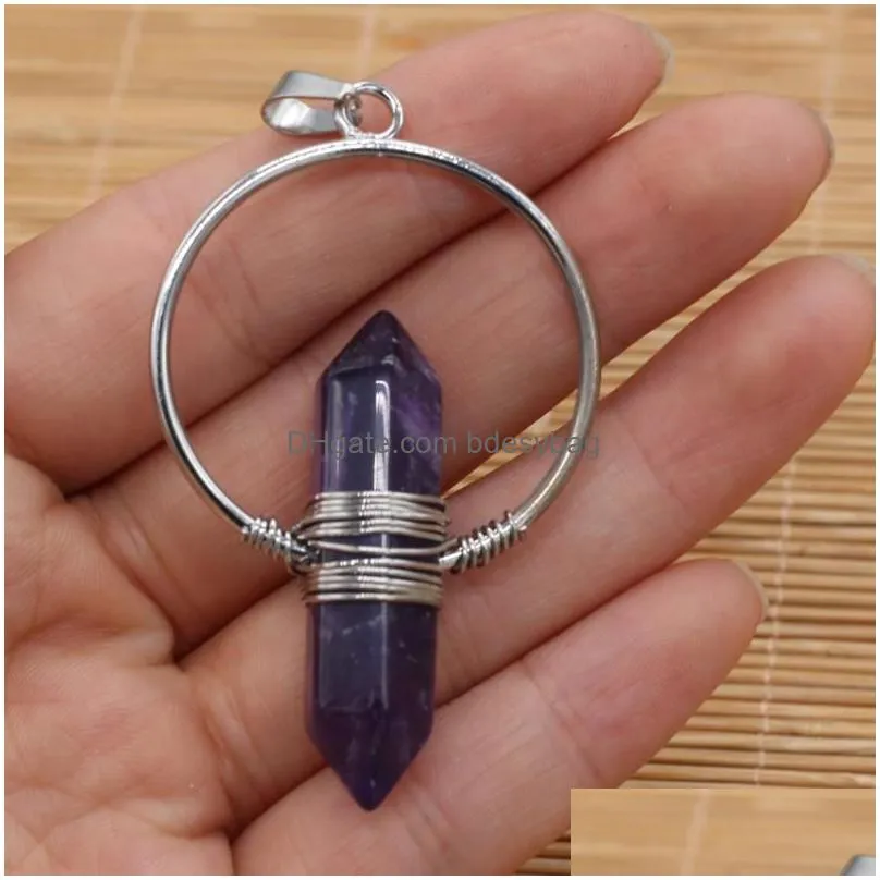 charms 1pcs natural stone charm pendant amethysts clear quartzs for jewelry making diy accessories necklace bracelets size 37x60mm