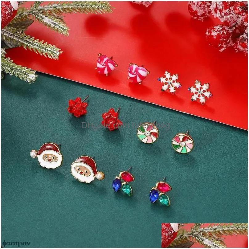 stud earrings 6 pairs/set design trendy xmas tree brown elk snowman santa claus christmas gifts for women 2023 year