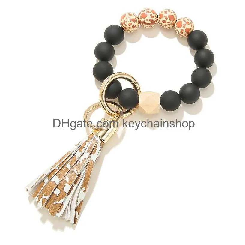 black frosting wood bead key ring leopard print tassels pendant bracelet keychain women jewelry accessories 6 8jy q2