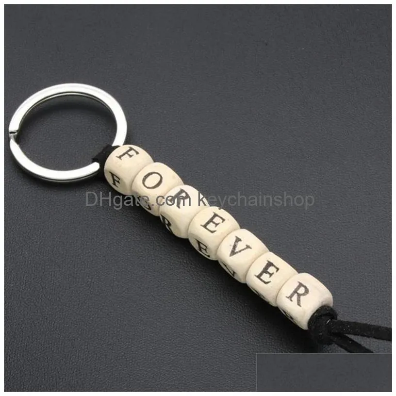 wood key rings automobile pendant letter rectangle bead keychain women men small gifts love family believe 2 2qh q2