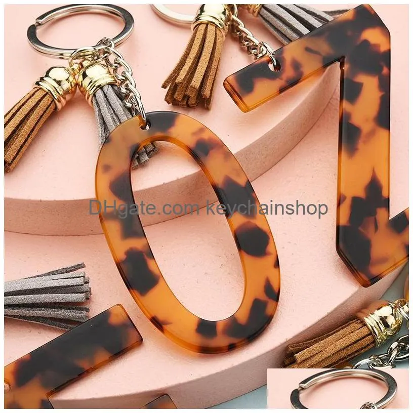 26 english letter key chains leopard print acrylic amber decorative pattern tassels keyring jewelry pendant bag accessories 3 6ws q2
