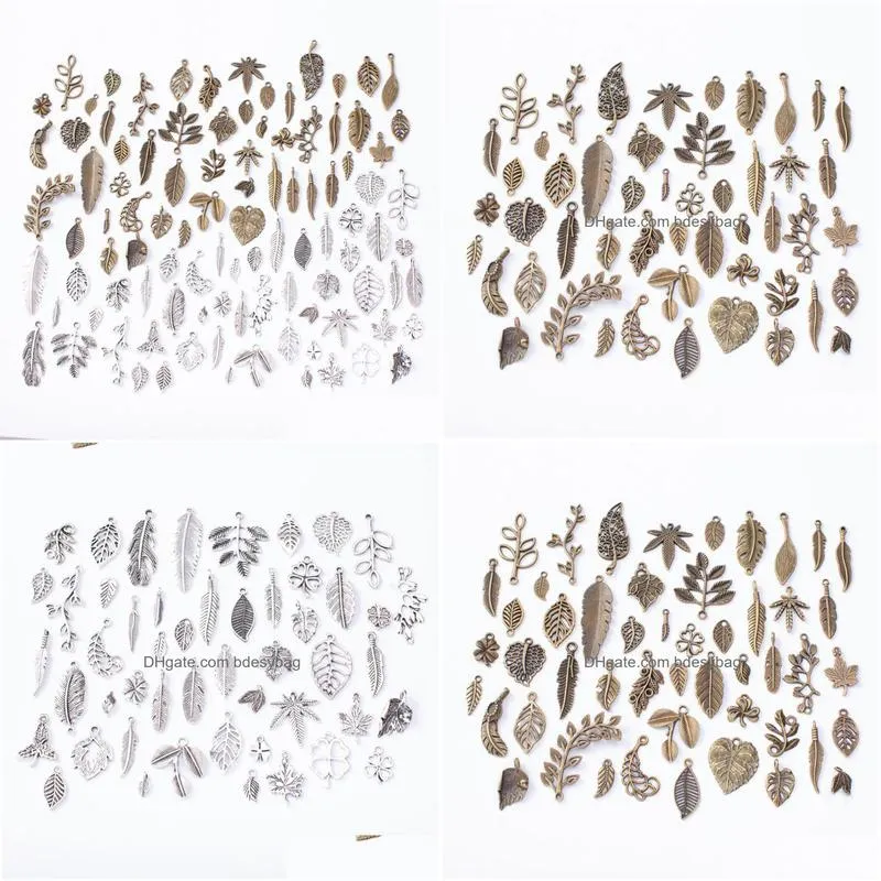 charms 100pcs/lot mixed retro style leaf antique bronze color metal plant pendant for jewelry making