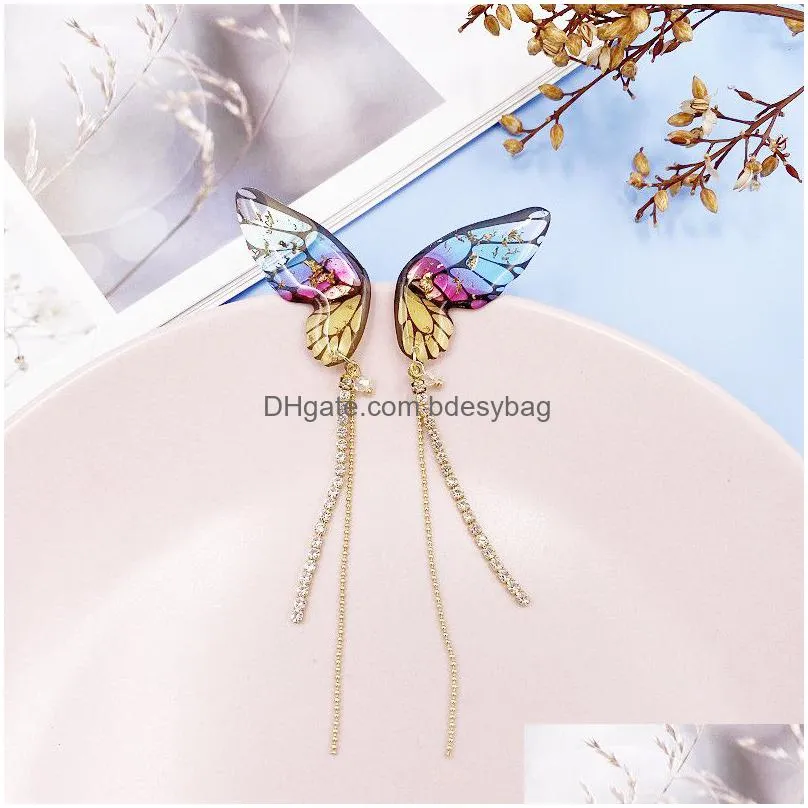 dangle earrings minar fairy clear resin butterfly for women rhinestones long tassel simulation wing wedding jewelry