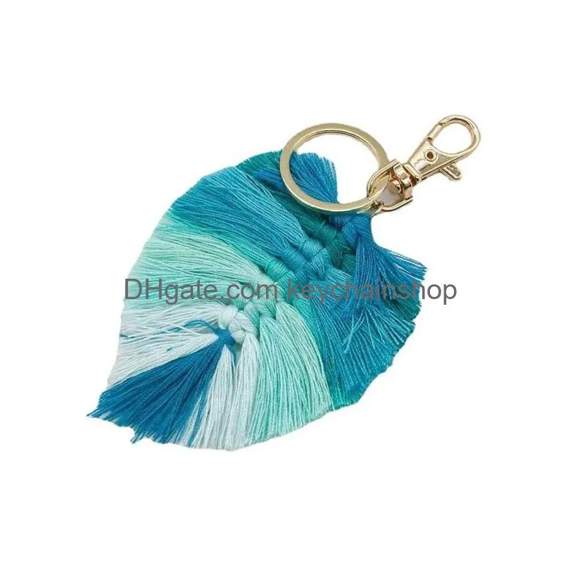 bohemian beach keys chains tassel key ring party favor gifts keyrings hand woven leaf bag accessories rope leaf pendant 1613 t2