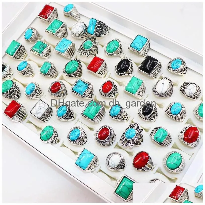 fashion turquoise stone antique silver rings for mens womens jewelry mix style size 17mm to 21mm