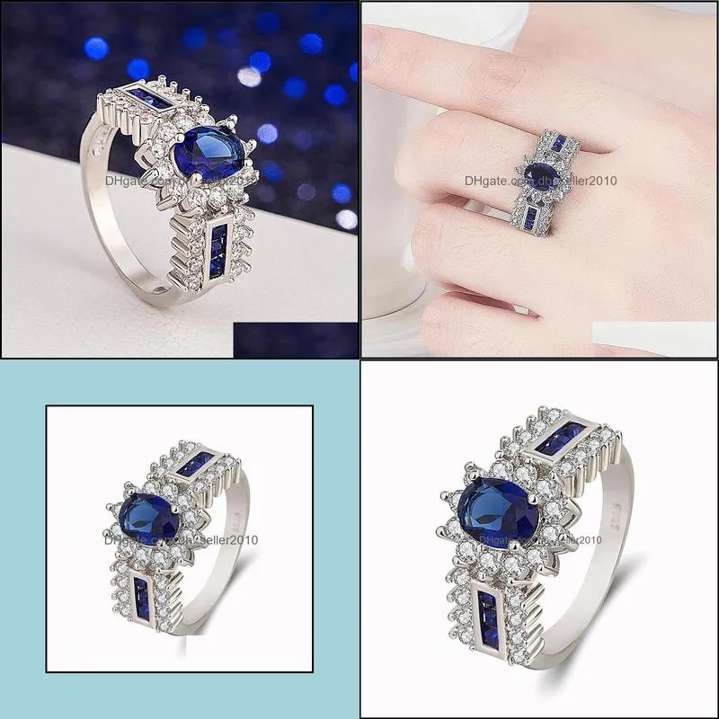 fashion women men ring silver jewelry rectangle sapphire zircon gemstone finger ring for wedding engagement wholesale accessories