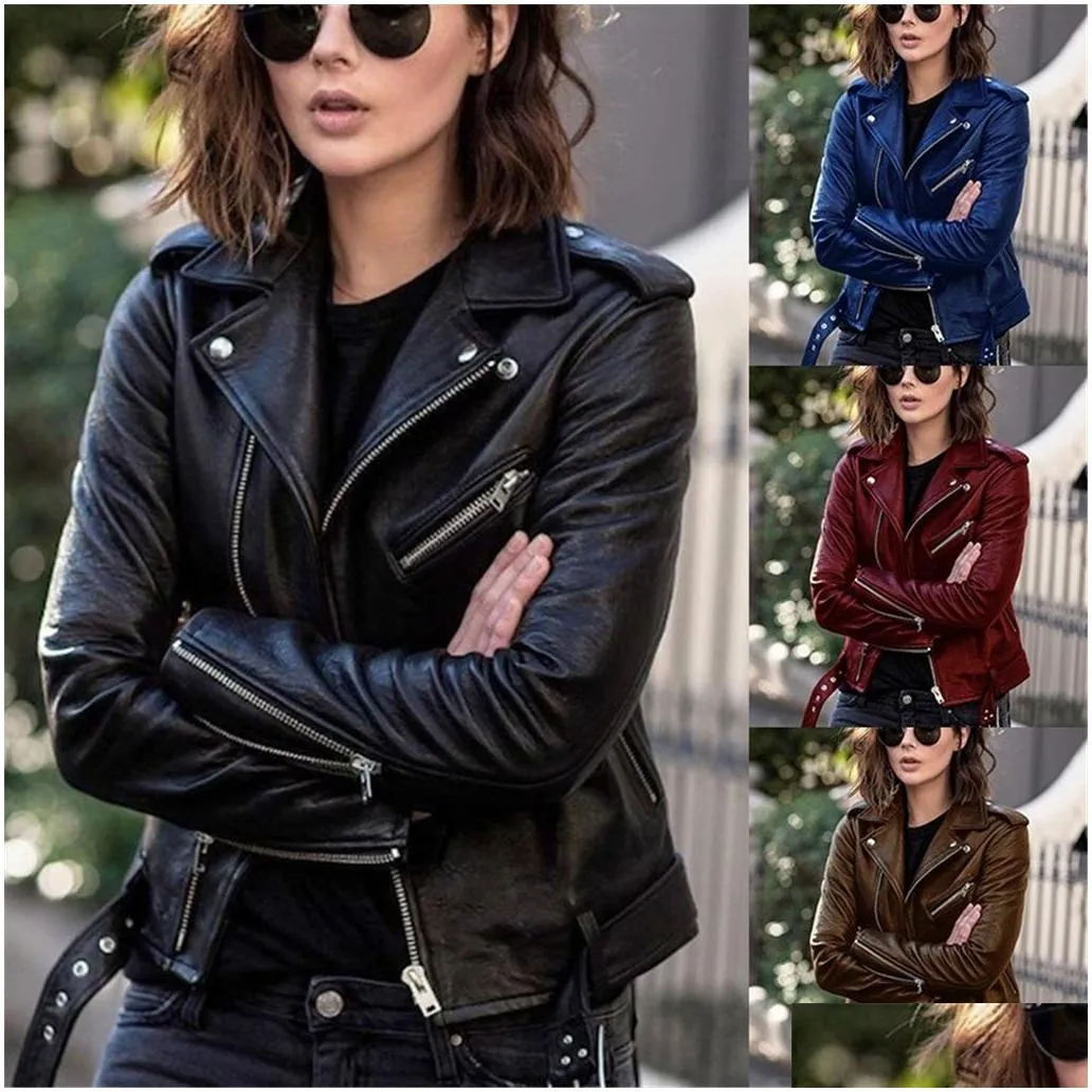 punk women cool faux leather jacket long sleeve zipper fitted coat fall short solid lapel female moto biker 2021