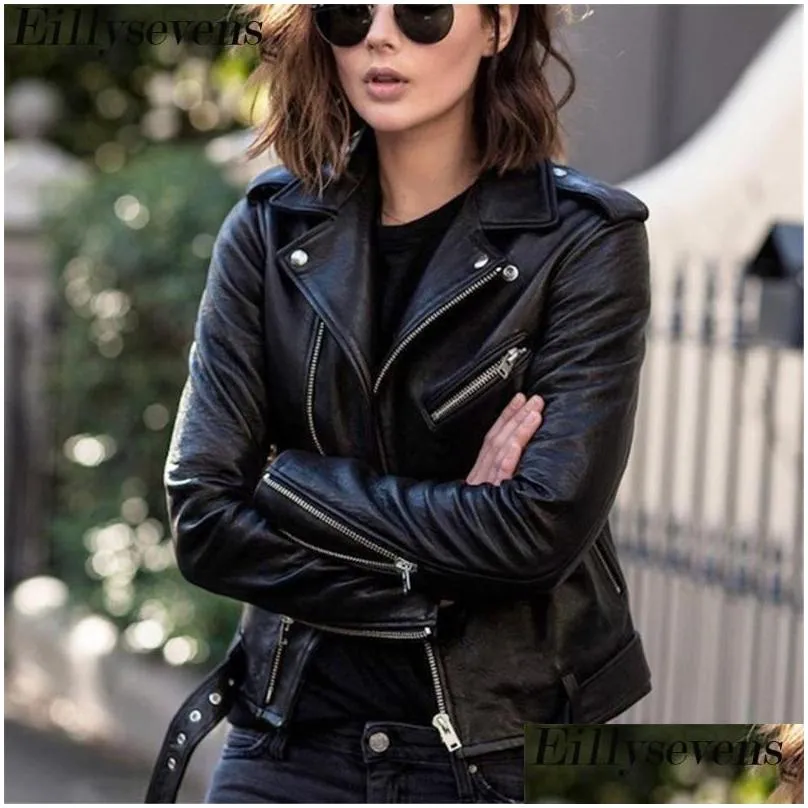 punk women cool faux leather jacket long sleeve zipper fitted coat fall short solid lapel female moto biker 2021