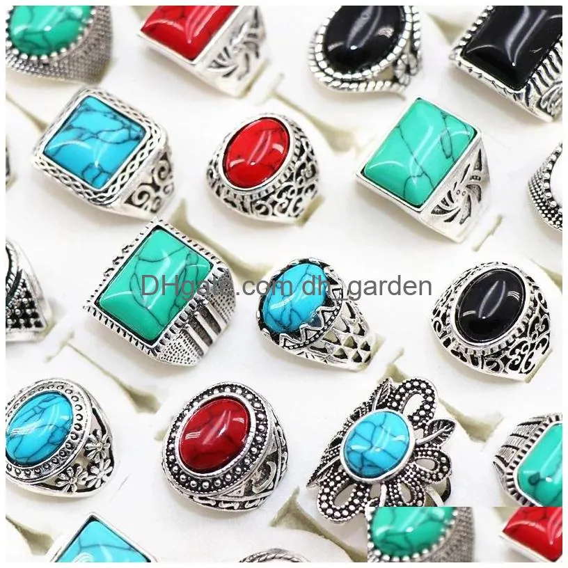 fashion turquoise stone antique silver rings for mens womens jewelry mix style size 17mm to 21mm