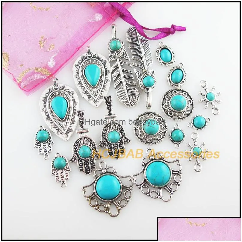 charms fashion turquoise stone flower feather round rudder tibetan silver plated pendants retrocharms