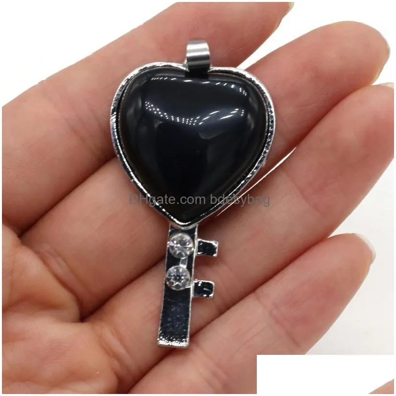 charms natural stone charm heart shaped key pendant rose quartzs lapis lazuli for jewelry making accessories necklace earring 25x50mm