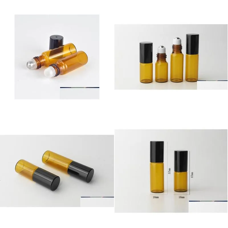 32pcs/lot 5ml roll on bottle for  oil with black lid 5cc amber empty perfume cosmetics bottle