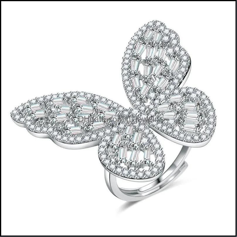 shining butterfly adjustable ring for women crystal acrylic inlay fashion party hand accessories jewelry silver rings
