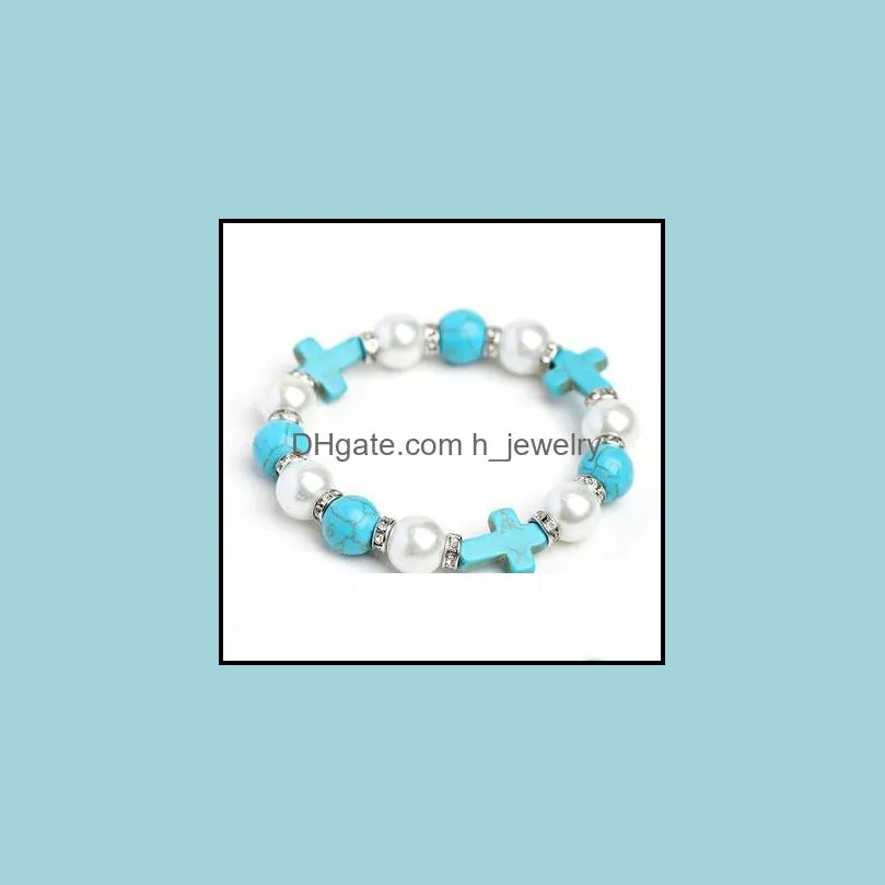 cross charm turquoises men bracelet black stone white beads bracelets bangles for women men yoga jewelry