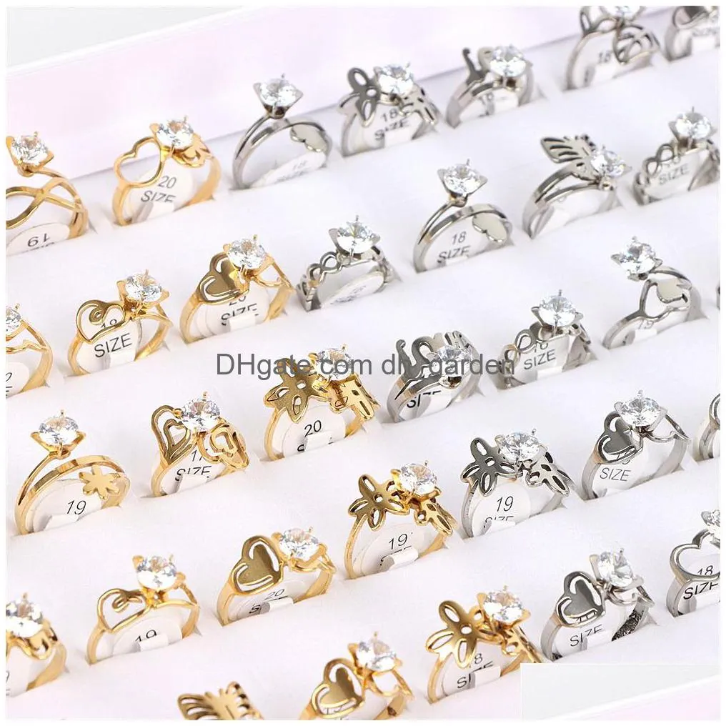 fashion ecg heartbeat stainless steel love rings for women men crystal mix style gold color wedding couple jewelry party gifts wholesale
