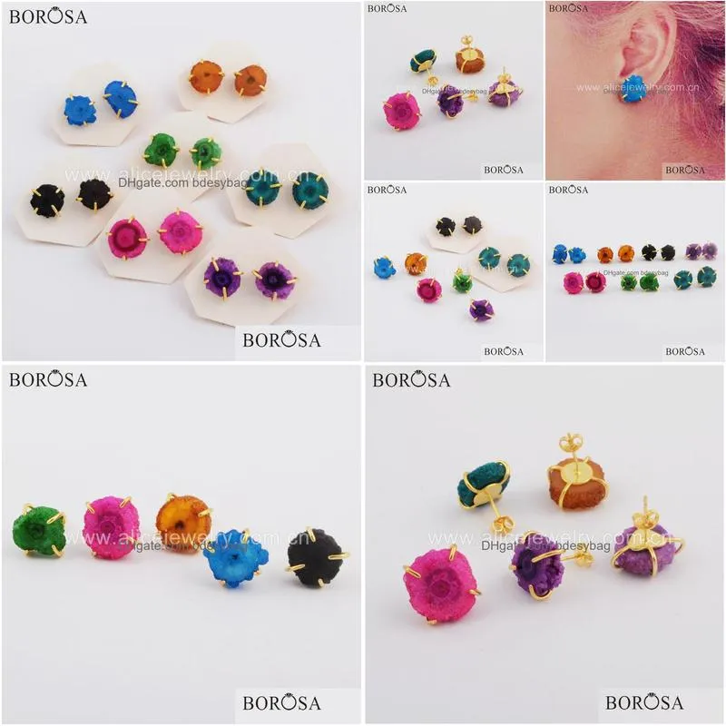 borosa 5pairs fashion gold bezel claw dom rainbow natural solar quartz stone stud earrings jewelry young style wx1084